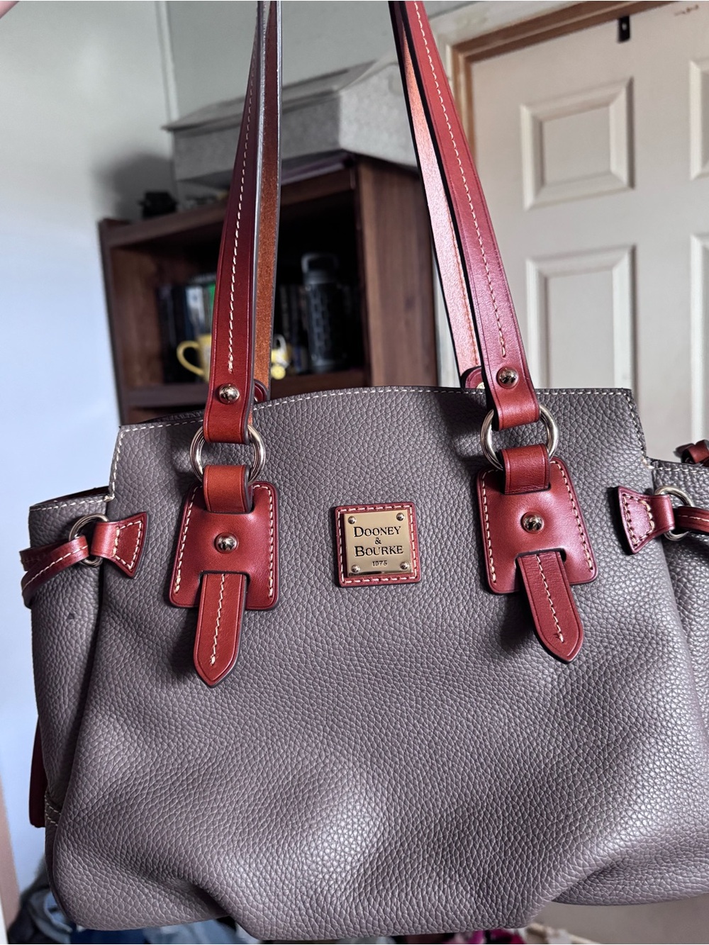 Dooney & Bourke Gray Pebbled Leather shoulder bag with Brown Trim